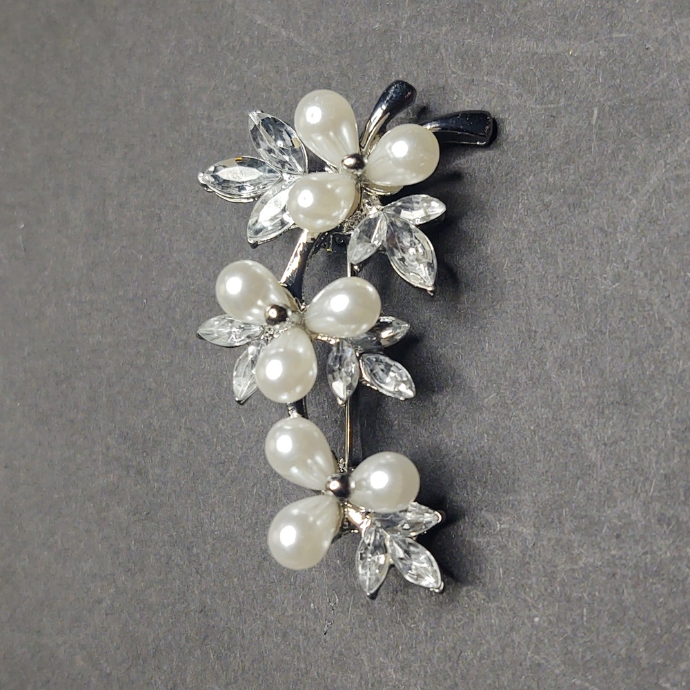 Pearl and Crystal Floral Brooch - Silver Tone